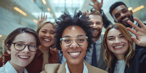 A diverse group of smiling business people wave, showcasing the diversity in professional work environments, with one person taking a selfie. photo