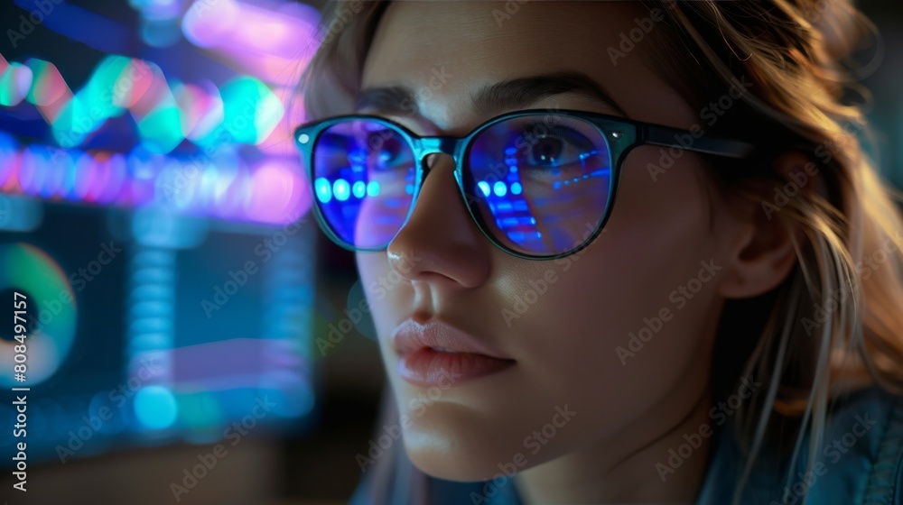 A woman wearing blue glasses is looking at a computer screen