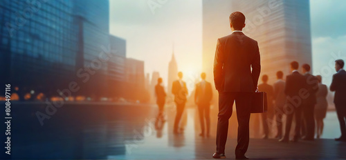 A diverse group of people stand in front of towering skyscrapers in an urban cityscape