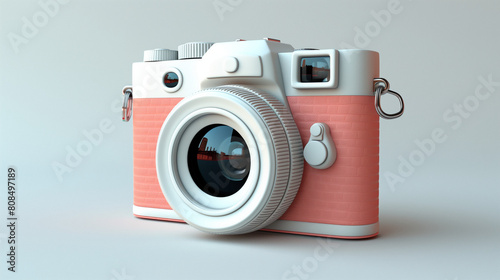 Minimal concept photo camera with lens and button and particle geometry on red pastel background. 3d render. Clay Photo Camera 3d Illustration. 3d style Photo camera photography app icon isolated. 