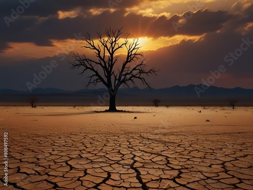 disaster drought, cracked soil, dead trees. twilight of life