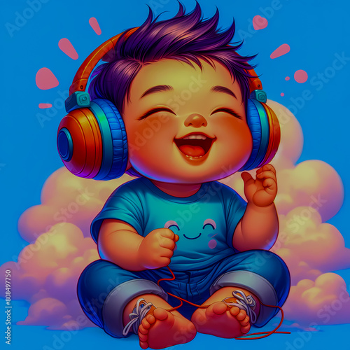 Digital art vibrant colorful cute baby smiling wearing headphones vibin to music