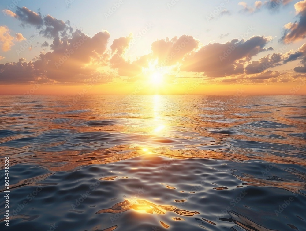 Peaceful sunrise over a vast ocean gentle waves reflecting the morning sun