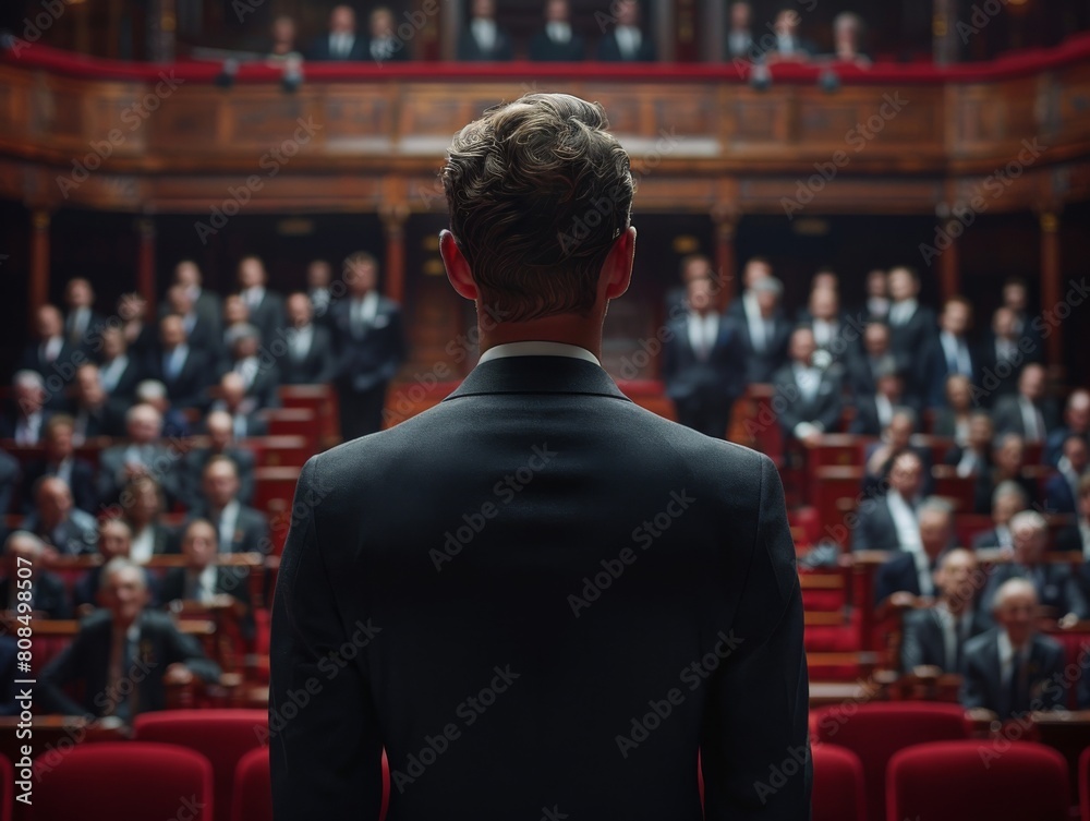 A man stands in front of a crowd of people, giving a speech A man stands in front of a crowd of people, giving a speech