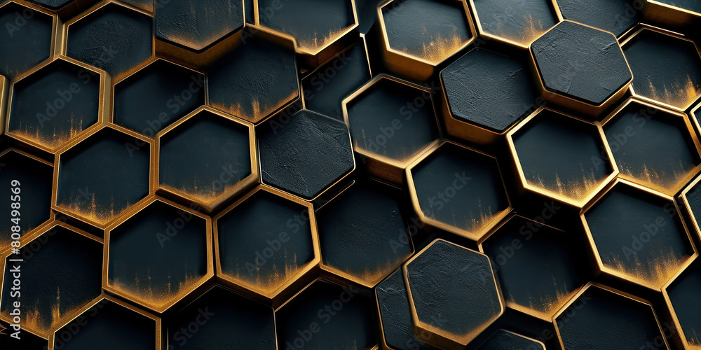 Black and gold hexagonal pattern with holes on black background, geometric abstract design texture concept Black and gold hexagonal pattern with holes on black background, geometric abstract design texture concept