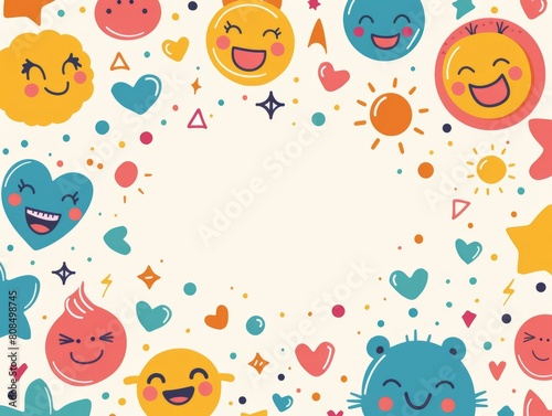 Multiple smiley faces grouped together on a plain white background. International Day of Happiness. Copy space.