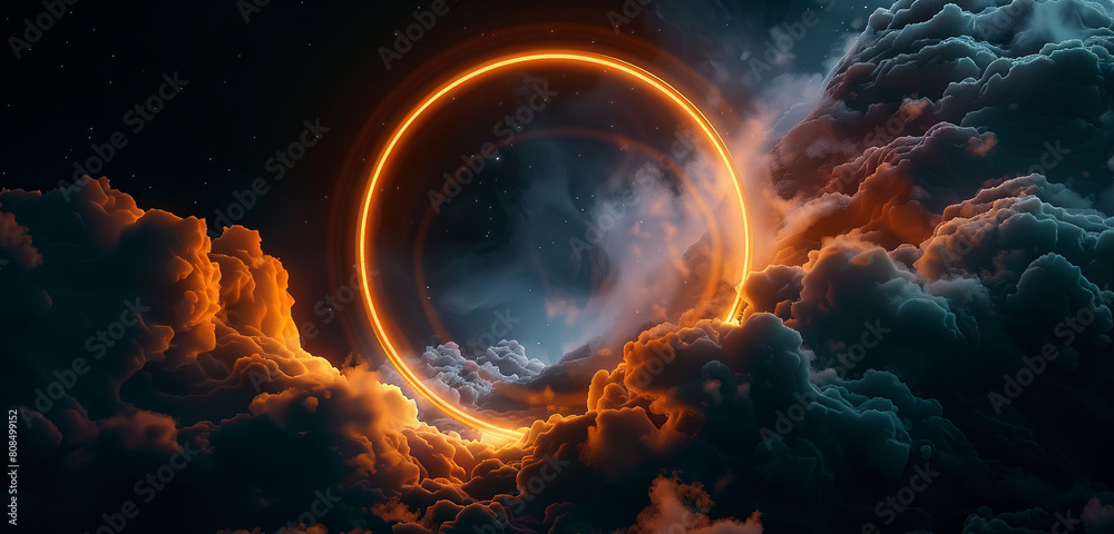 Fototapeta premium Deep bronze neon ring casts a warm glow on a swirling cloud, dark 3D sky.