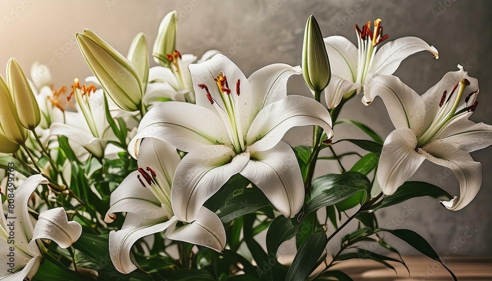 Fototapeta premium bouquet of white tulips bloom, petal, yellow, leaf, floral, macro, summer, closeup, color, petals