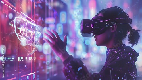 A girl weared a Virtual realities glas touching a digital screen photo