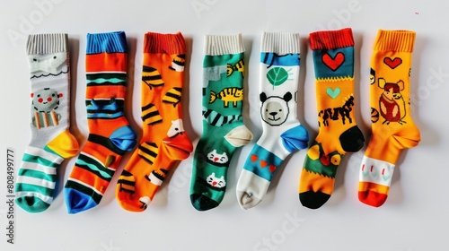 playful photo of a child's colorful socks, each pair showcasing a different animal character or whimsical design, arranged playfully against a white background. 