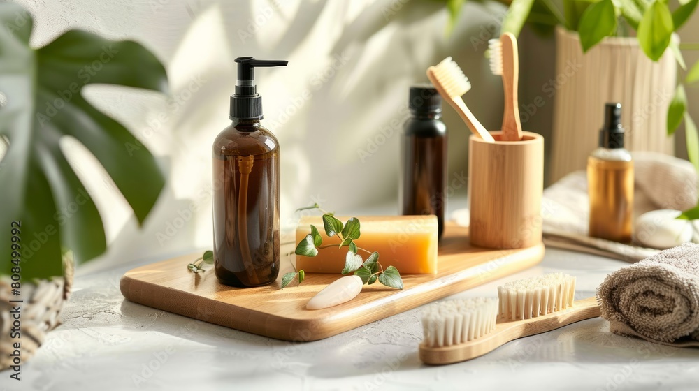 Eco cosmetic product and tool set, soap, shampoo bottle, bamboo toothbrush Natural wooden brushes, zero waste, no plastic. Eco cosmetic product and tool set, soap, shampoo bottle, bamboo toothbrush Natural wooden brushes, zero waste, no plastic.