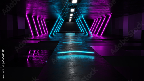 Neon lights illuminating futuristic club create blue and pink 3D illustration backgrounds.