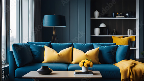 Minimalist interior design of modern living room, home. Blue sofa with yellow pillows near window