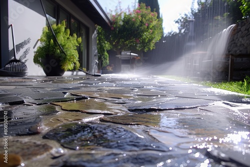 Deep cleaning of outdoor terrace using powerful water jet to remove grime from paved stones