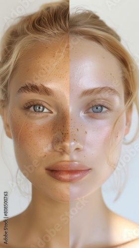 Before-after photo, a girl's face divided in half. The left side of the face has pale, sagging skin with wrinkles, the right side of the face © SOEM