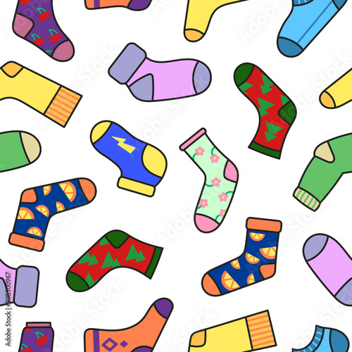Variety socks different textures. Seamless pattern. Fashion trendy clothes. Hand drawn style. Vector drawing. Design ornaments.