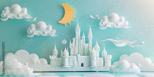  Fairytale concept paper art 3d rendering Illustrations big castle in winter for backgrounds, posters or wallpapers. paper art design on blue background 
 photo