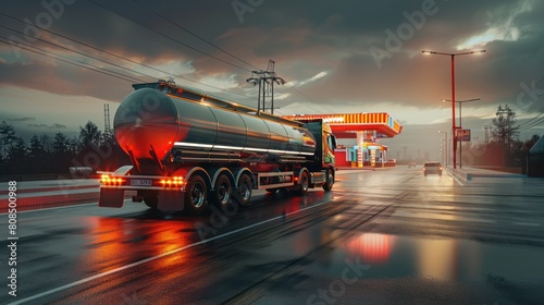  tanker truck transporting fuel to a gas station, 