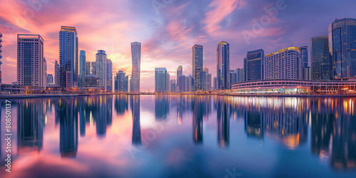 A capturing the reflection of modern city buildings shimmering on the surface of a calm river or lake during twilight