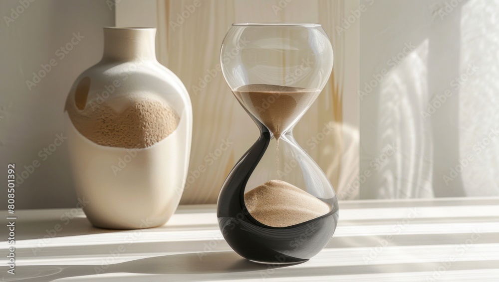 Contrast the hourglass against a backdrop of contrasting textures, highlighting its smooth surface and the grains of sand slowly trickling through. Contrast the hourglass against a backdrop of contrasting textures, highlighting its smooth surface and the grains of sand slowly trickling through.