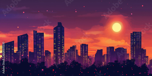 city at night, A capturing the silhouette of modern city skyscrapers against a vibrant sunset sky, with the city lights beginning to illuminated photo