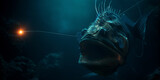 A deep-sea anglerfish lurking in the dark abyss of the ocean, with its bioluminescent lure glowing in the darkness