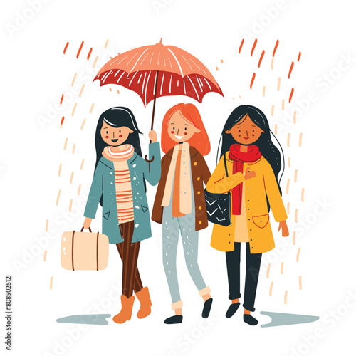 Three young women walking under one umbrella during autumn rain. Diverse female friends sharing umbrella, smiling despite weather, casual fall fashion. Girls coats, scarves, enjoying rainy stroll