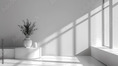 monochromatic color composition featuring a tall plant in a white vase on a white floor, with a window in the background