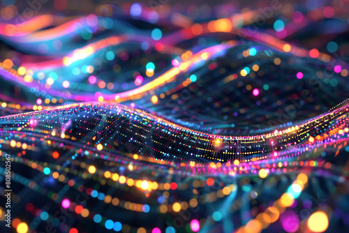 An abstract network of colorful digital beams crisscrossing in a pattern of high-speed data flow. photo