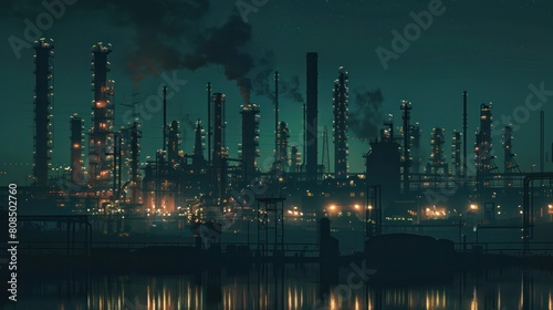 An oil refinery illuminated by the lights of the night sky  