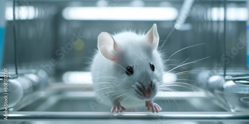 A laboratory mouse used for scientific research, with the mouse housed in a sterile environment and possibly undergoing experimental procedures. photo