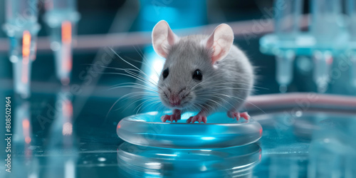 mouse in a glass, A laboratory mouse used for scientific research, with the mouse housed in a sterile environment and possibly undergoing experimental procedures. photo