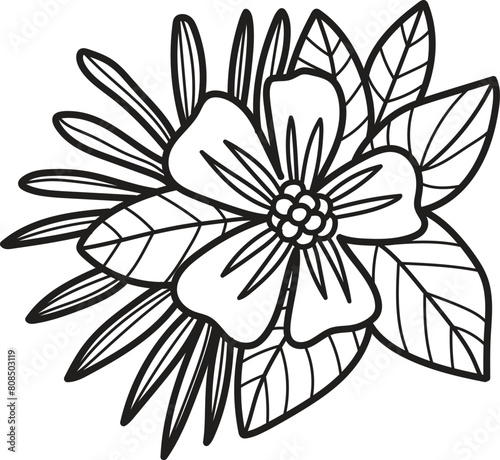 A black and white drawing of a wreath with flowers