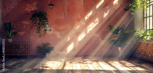 Vintage elegance and warmth radiate in a retro salmon room with soft sun rays.