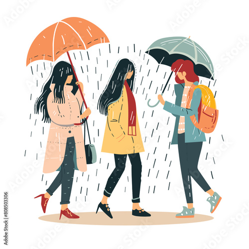 Three women walk together under rain, holding umbrellas, conversing, wearing casual clothing. Friends stroll rainy day, sharing umbrellas, chatting, weather, city life, colorful attire, handbags