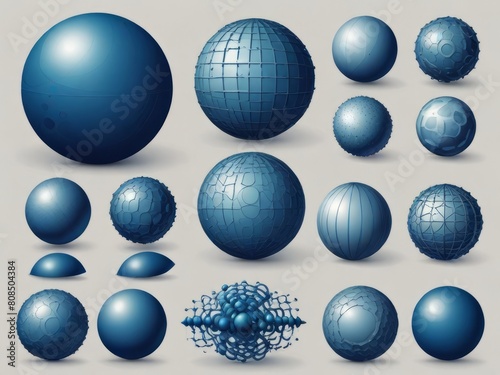 Set of abstract geometric elements spherical and round shapes  in 3D style  blue color