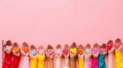 Children's hands of different nationalities are lined up and hold hand-made craft bright colorful hearts, symbolizing love, health. World Kindness Day. Children's Day. Copy space. Pink background.