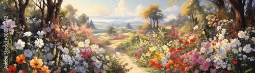 A beautiful summer landscape with a path leading through a field of flowers