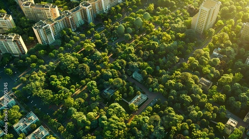 Aerial shot of a city transitioning to green spaces