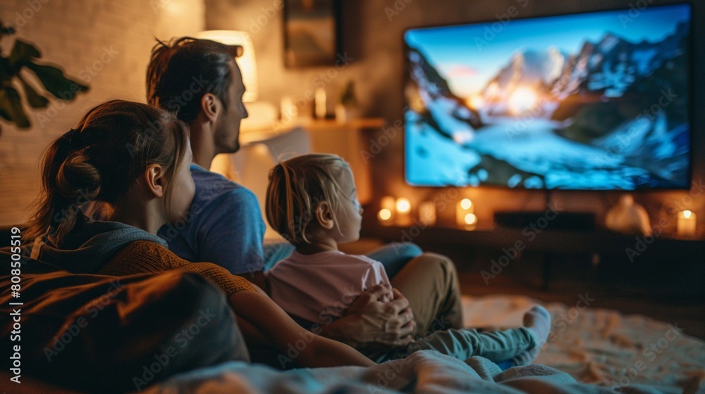 Family watching a documentary about glacier melting