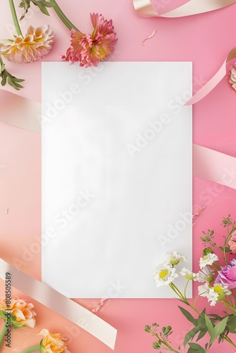 Romantic greeting card invitation isolated empty space decorated with charming ribbon and flower details