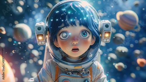 A young girl in a space suit is looking up at the stars