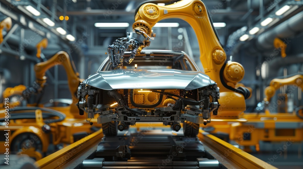  dynamic scene of a robotic arm seamlessly working alongside human workers in the car assembly process, highlighting the harmonious blend of technology and human skill. 
