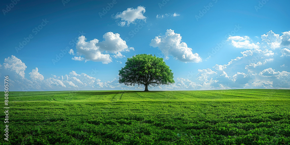 Obraz premium A green field with tree and a blue sky and white clouds, nature background. banner