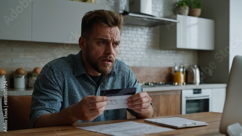 Worried Frustrated Man Looking At Unpaid Bills in Kitchen Worrying Financial Situation Money Problems Credit Card Debt photo