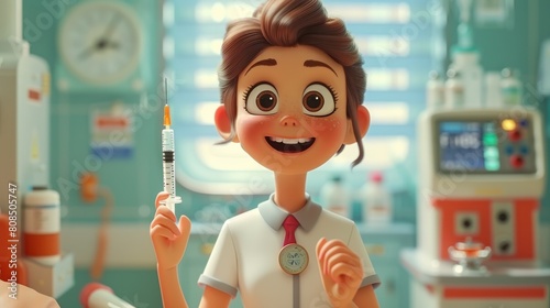 A cartoon girl holding a syringe and smiling photo