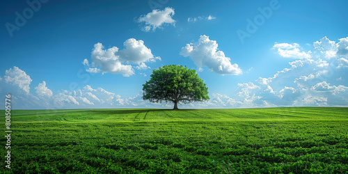 A green field with tree and a blue sky and white clouds, nature background. banner