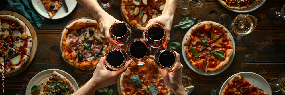 A group of friends toasting with red wine, surrounded by delicious pizza slices on the table, with a dark background, 