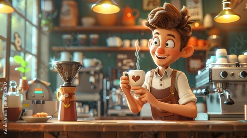 A cartoon boy is sitting at a counter with a cup of coffee in front of him photo