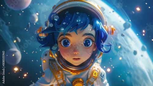 A girl in a space suit is looking at the camera